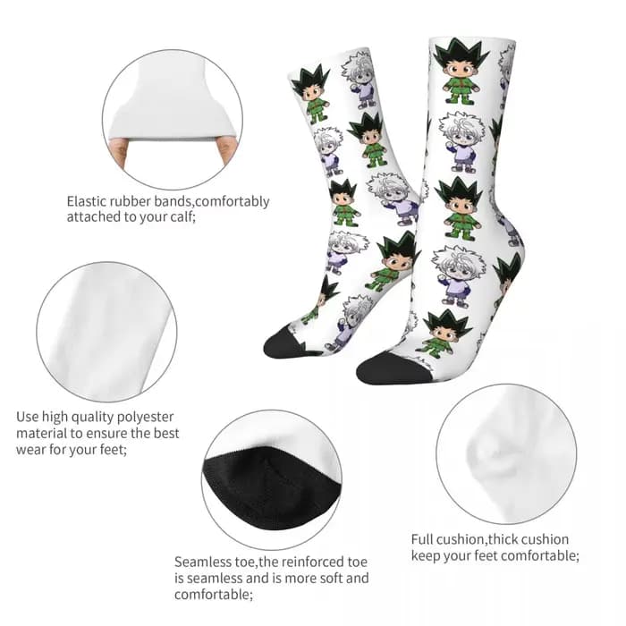 Chaussettes de skateboard respirantes unisexes, chaussettes longues décontractées, polyester Hunter X Hunter, Gon Killua Zoldyck