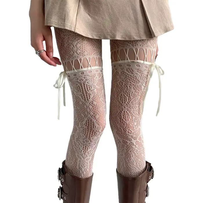 Nouveau design Collants beiges sexy pour femme, résille transparente, style uniforme JK, avec nœud et dentelle