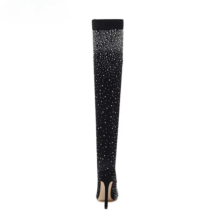 Chaussettes Sexy à talons hauts, bottes au-dessus du genou, bout pointu, strass en cristal, tissu extensible, chaussures de danse sur poteau pour femmes