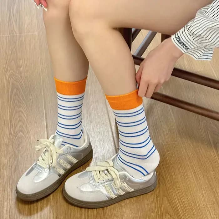 Mode femmes chaussettes rayées printemps automne mi Tube chaussette couleur bonbon mollet bas Absorption de la sueur
