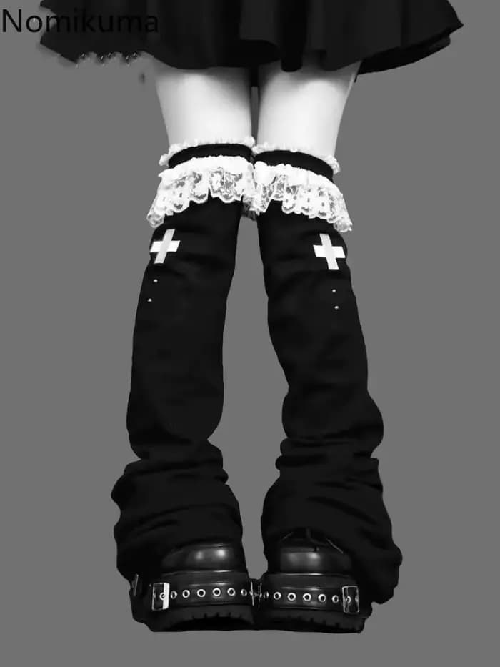 Doux Harajuku femmes Y2k fille dentelle à volants gothique Lolita sur genou haute chaussette Kawaii longues chaussettes couvre-pied Grunge Punk jambières
