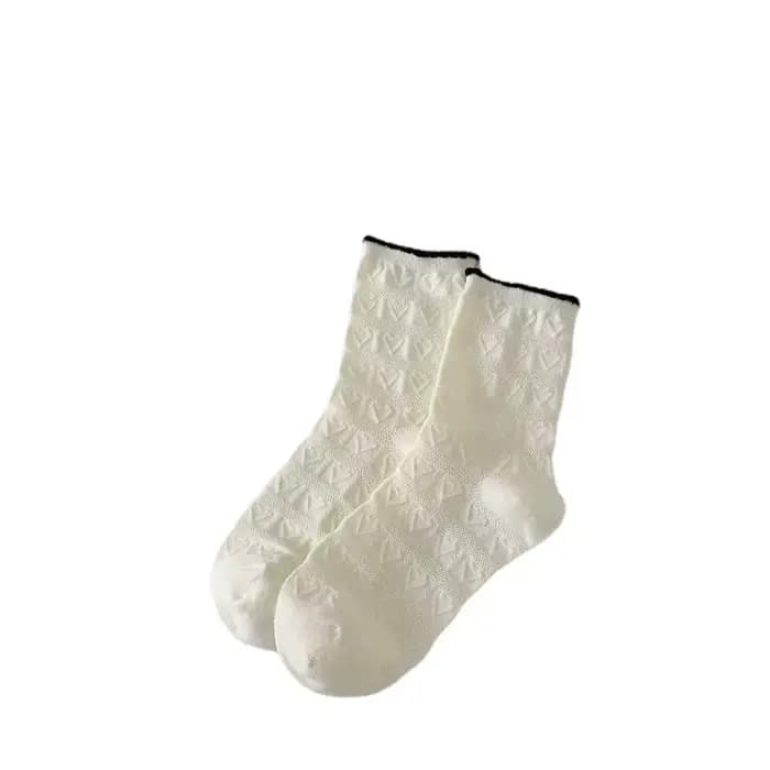 Chaussettes pour femmes à bordure fleurie, mode printemps-été, chaussettes respirantes mi-mollet, en coton fin, confortables, couleur unie blanche