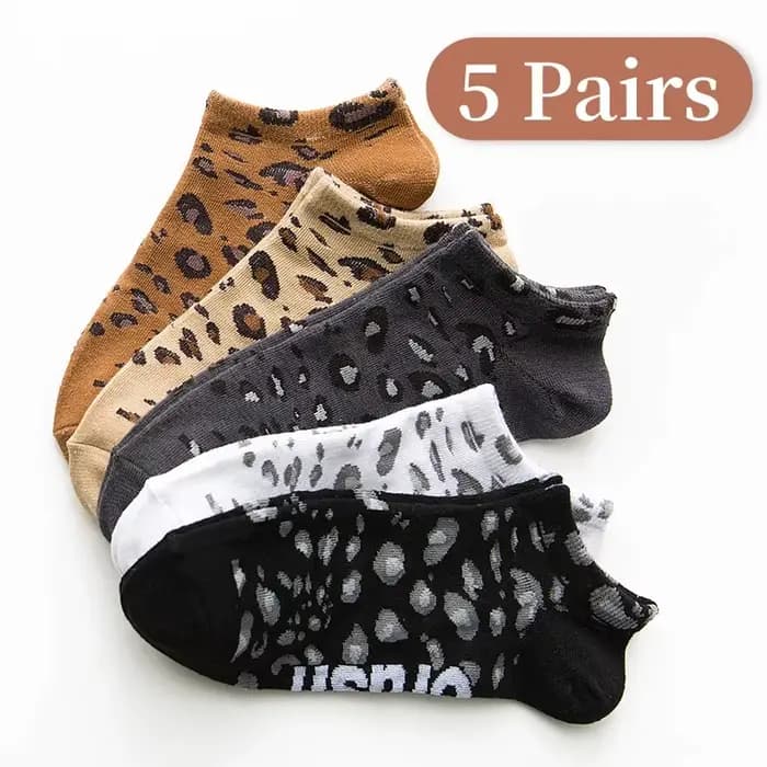 5 paires de chaussettes basses de sport en coton imprimé léopard pour femmes