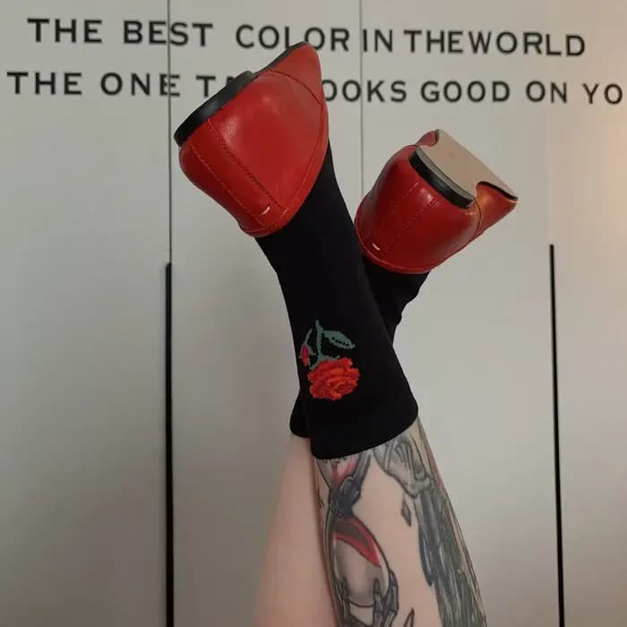 Femme mode élégant rétro printemps automne bout fendu coton chaussettes Rose motifs floraux deux orteils couleur unie Tube moyen Tabi Sox