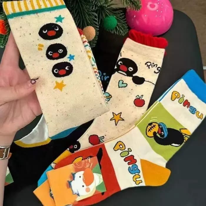 Chaussettes Penguin Pingu pour Hommes et Femmes, Motif Animalier Original et Coloré, Mi-mollet, Tendance Mode Niche, Chaussettes en Coton à Motifs de Dessins Animés