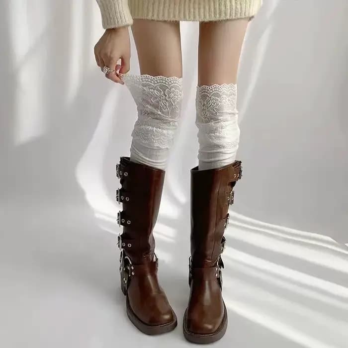 1 paire de chaussettes hautes en dentelle pour femmes