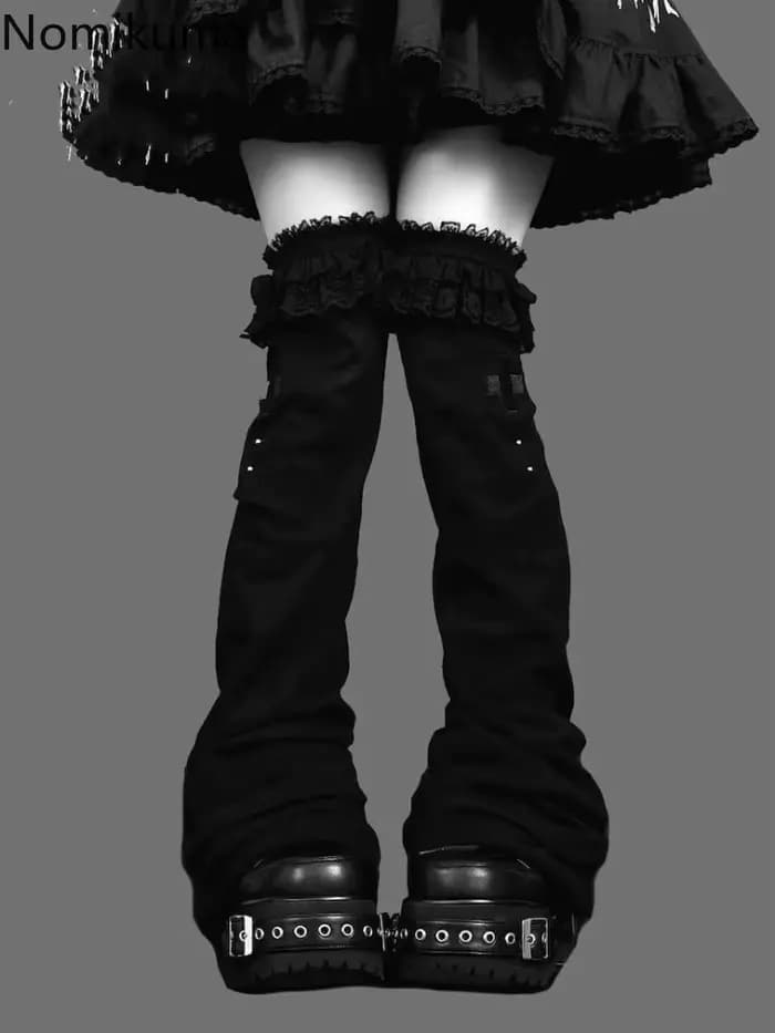 Doux Harajuku femmes Y2k fille dentelle à volants gothique Lolita sur genou haute chaussette Kawaii longues chaussettes couvre-pied Grunge Punk jambières