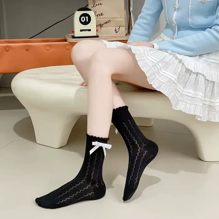 Chaussettes pour femmes, nouvelle collection printemps-été, chaussettes à nœuds, chaussettes fines à motif ondulé, chaussettes mi-mollet, tendance mode, chaussettes fines respirantes en maille simple