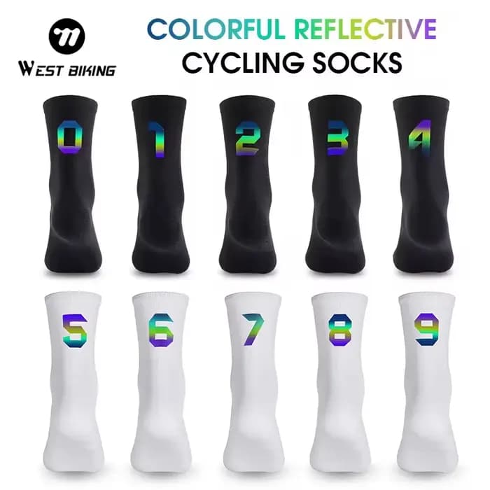 WEST BIKING Chaussettes de sport pour cyclisme, unisexes, en nylon, respirantes, absorbant la transpiration, chaussettes numériques colorées et réfléchissantes, équipements de vélo