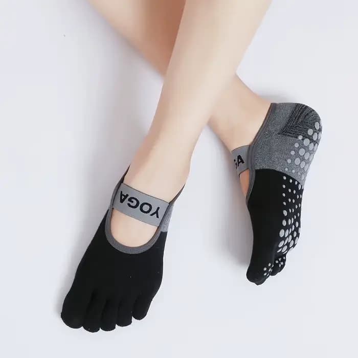 Chaussettes à bandes antidérapantes en coton pour femmes, pour exercice, Fitness, Pilates, à cinq orteils