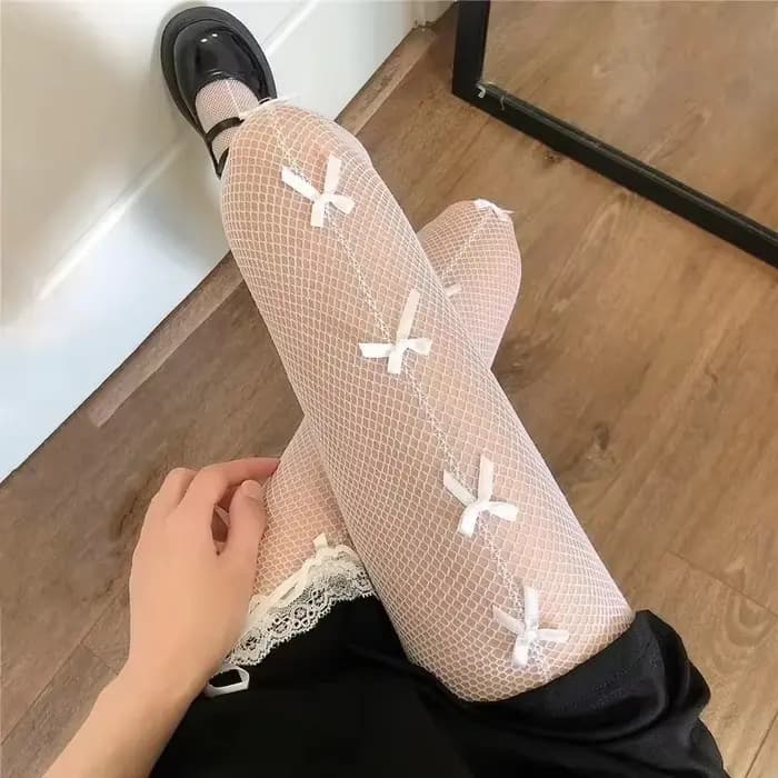 Collants résille transparents et fins pour femmes, Sexy, ajouré, noir et blanc, gothique, Lolita JK, bas en maille avec nœud papillon mignon