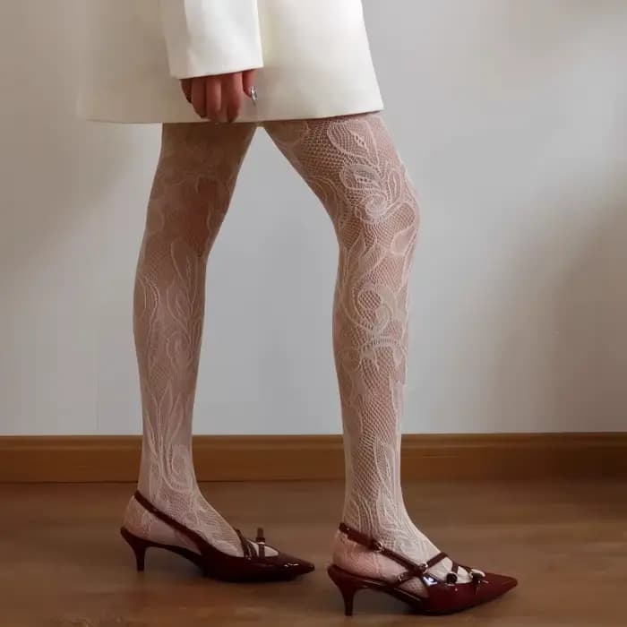 Collants Résille Vintage Français en Dentelle Florale Transparente