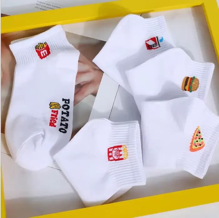 Été drôle dessin animé nourriture chaussettes frites unisexe blanc kawaii cheville