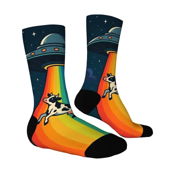 Chaussettes amusantes UFO arc-en-ciel vache rétro imprimé dessin animé