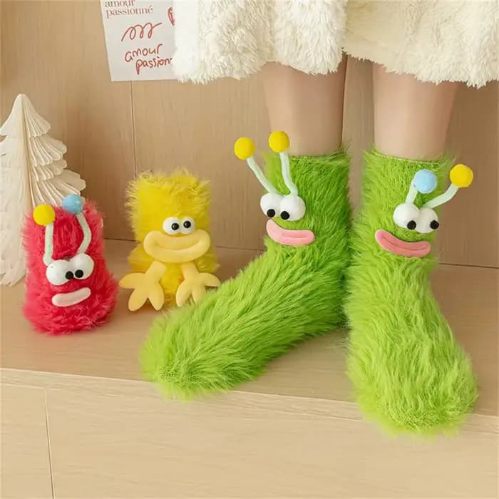 Chaussettes amusantes motif monstre, en polaire corail, pour l'automne et l'hiver, chaussettes d'intérieur, chaussettes de sommeil pour couple, chaussettes douillettes, chaussettes de fête