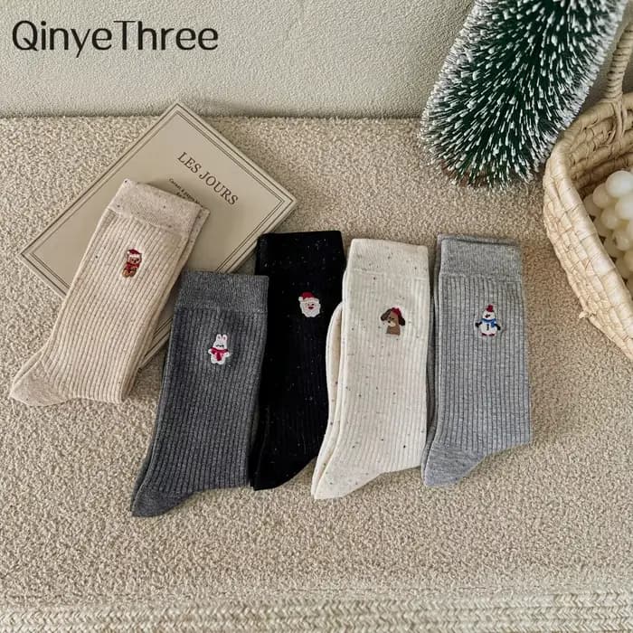 Chaussettes tendance pour femmes avec broderie de bonhomme de neige de Noël à pois, motif animal de dessin animé mignon, cadeau de Noël