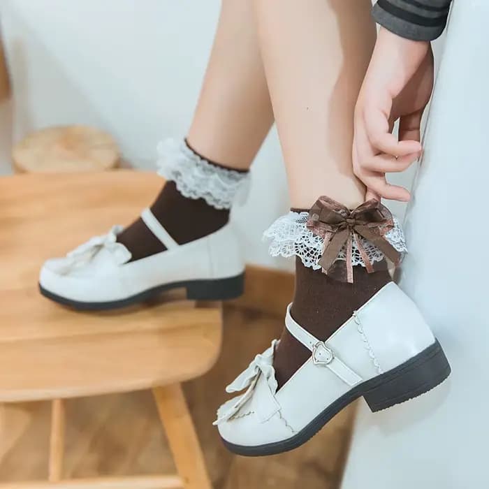 Lolita femmes Harajuku rétro dentelle chaussettes avec nœud cheville JK froufrous à volants coton princesse filles mariage danse blanc mignon Ballet