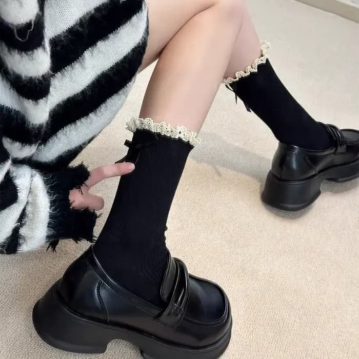 Harajuku automne couleur unie dentelle nœud Lolita à volants chaussette pour femmes Kawaii