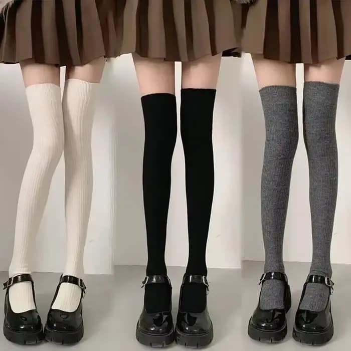 Chaussettes en laine pour femme, couleur unie, cuissardes hautes, Lolita, bas épais et chauds, noir et blanc, longues jambes, automne/hiver