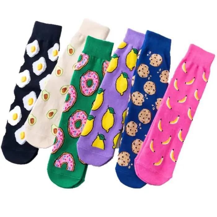 Femmes chaussettes drôle mignon dessin animé Fruits banane avocat citron oeuf Cookie beignets nourriture heureux