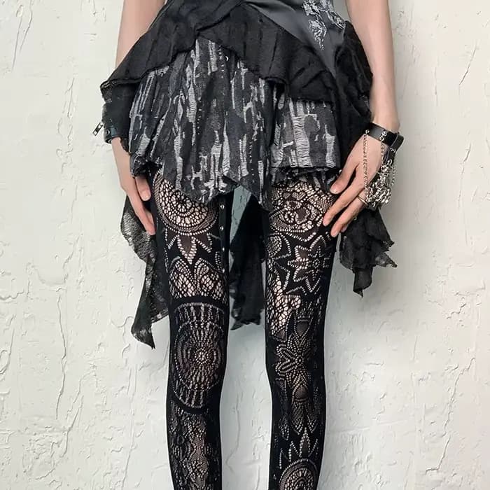 Collants noirs sexy en jacquard résille à trous pour femmes
