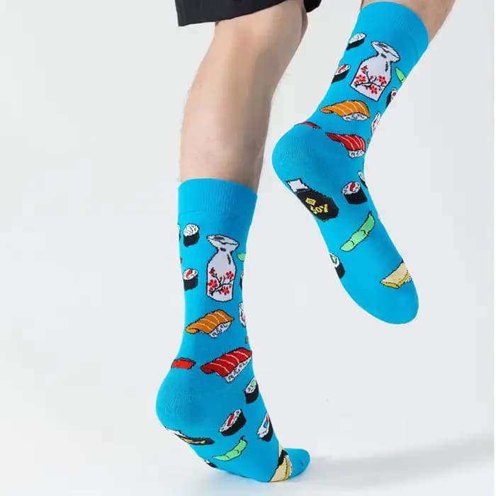 1 paire de chaussettes d'équipage avec impression de nourriture de Sushi de Cuisine japonaise en bleu