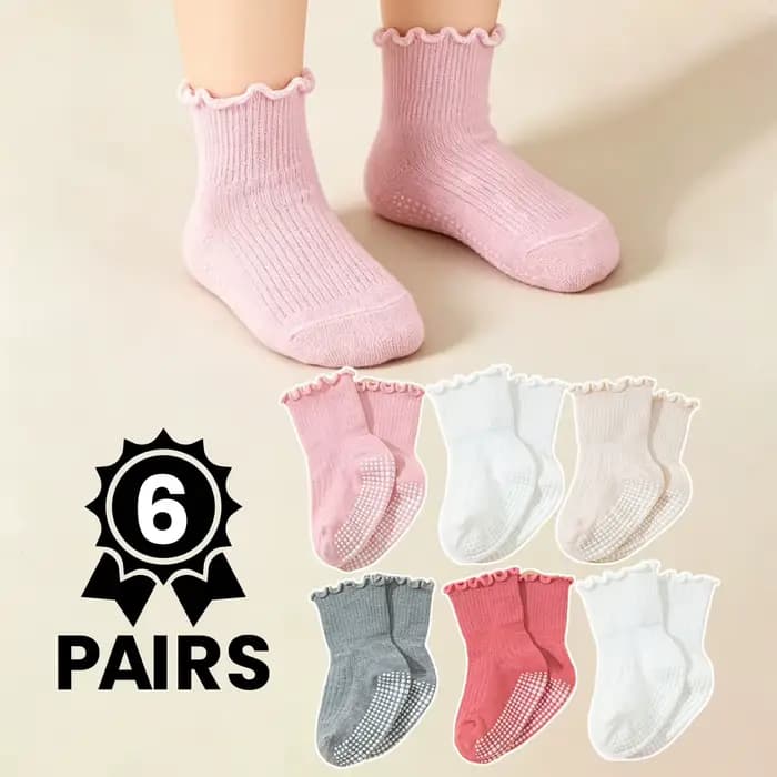 6 paires de chaussettes antidérapantes pour bébés filles avec bordure effet bois