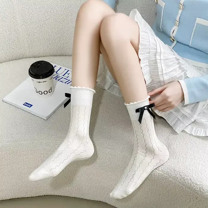 Chaussettes pour femmes, nouvelle collection printemps-été, chaussettes à nœuds, chaussettes fines à motif ondulé, chaussettes mi-mollet, tendance mode, chaussettes fines respirantes en maille simple
