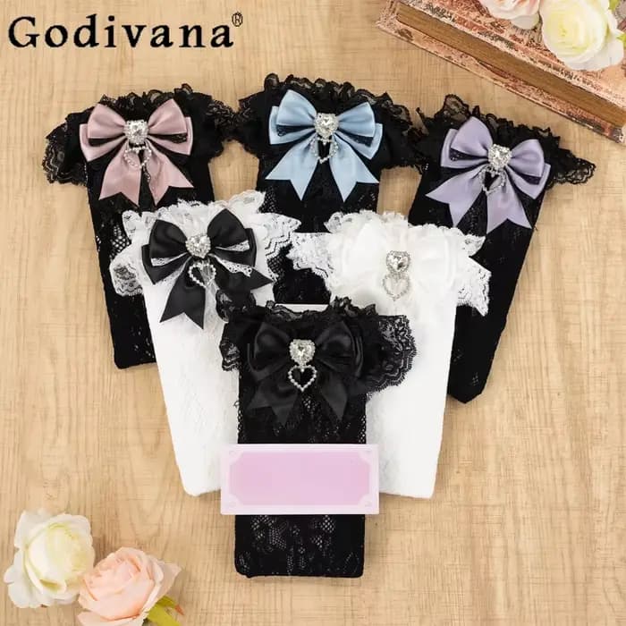 Chaussettes courtes Lolita série Mine japonaise, produit en série, printemps et été, femme douce, sœur, nœud en strass, chaussettes aux genoux en dentelle