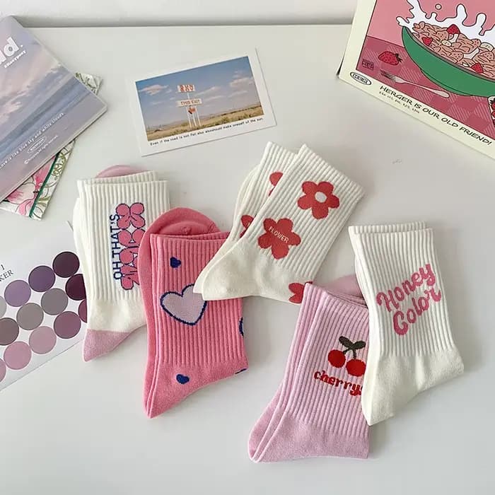 Chaussettes décontractées en coton Harajuku pour femmes et filles, fleur rose, mode, mignon, doux, coréen, japonais, Kawaii