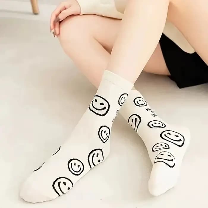 Happy Face-Chaussettes mi-tube en coton respirant pour femmes