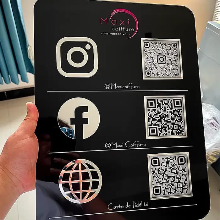 Signalisation d'affaires personnalisée pour médias sociaux avec paiement de numérisation de code QR, panneau de suivi en plexiglas acrylique