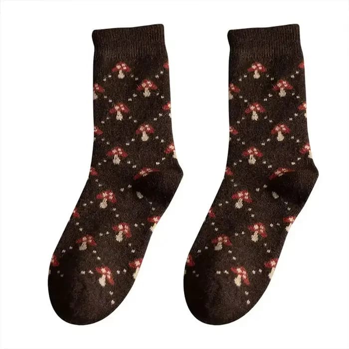Chaussettes chaudes en laine épaisse, chaussettes tubulaires décontractées, automne et hiver, chaudes et confortables, en coton, damier, champignon, mignonnes