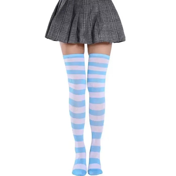 Chaud nouveau mignon chaussette bas femmes style japonais bleu blanc rayure genou jambes