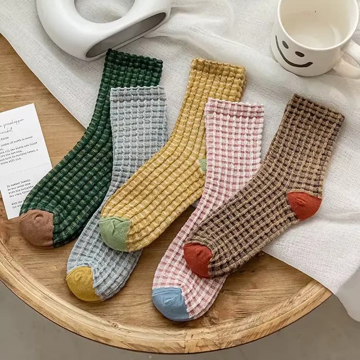 Chaussettes pour femmes automne à carreaux rétro Vintage coton