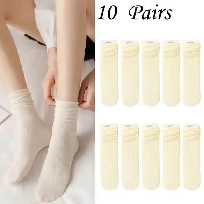 10 paires de chaussettes en soie glacée pour femmes, Tube moyen, couleur unie, Style empilé, chaussettes décontractées respirantes et douces