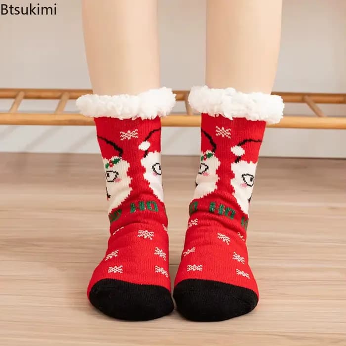 Cadeau de noël pantoufle chaussettes femmes thermique hiver chaud en peluche antidérapant dormir sol chaussette courte floue moelleux femme dessin animé