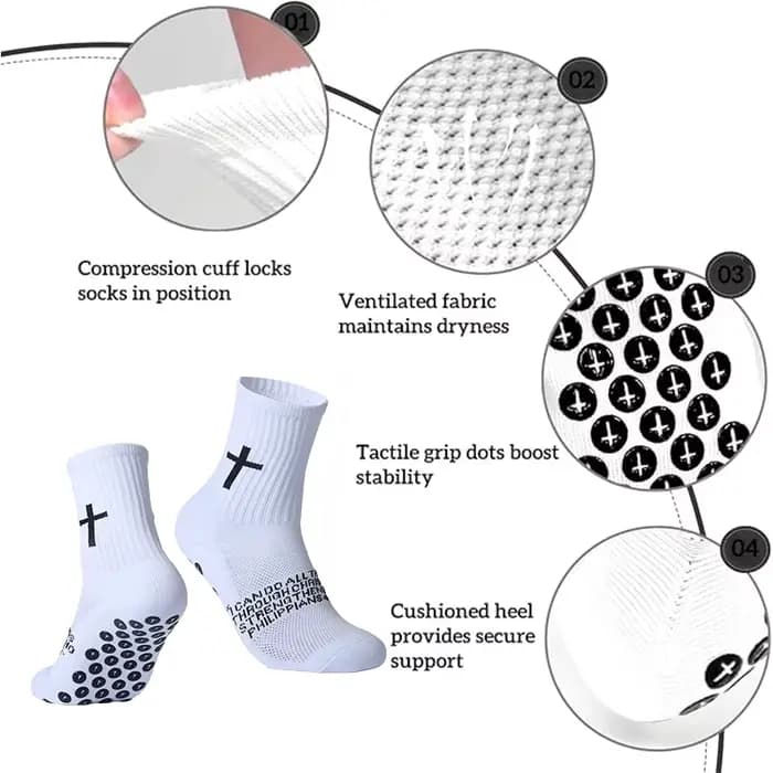 4 paires de chaussettes chrétiennes, chaussettes de prière, chaussettes Jésus, chaussettes de football à motif croix - Chaussettes de sport antidérapantes avec inscription biblique