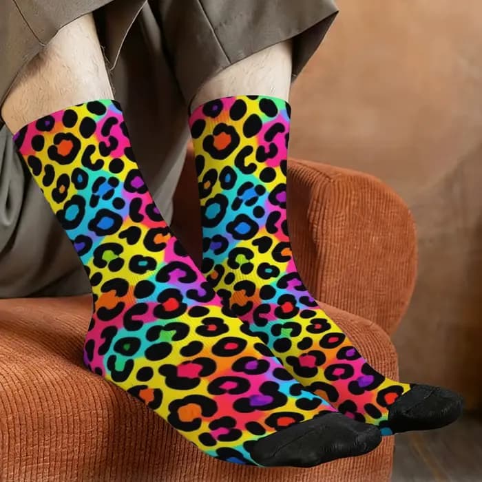 Chaussettes pour hommes à imprimé léopard arc-en-ciel