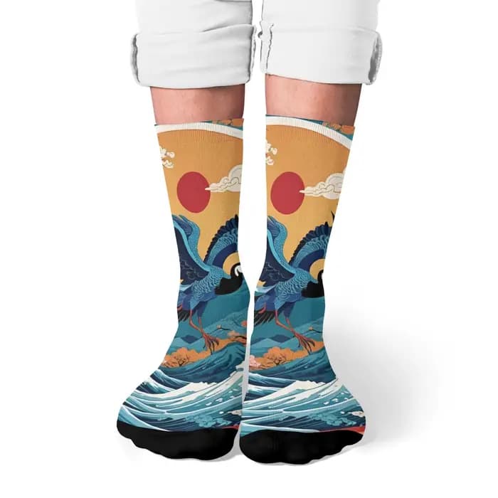 Chaussettes pour hommes rétro japonaises Ukiyo-e imprimé grue Harajuku