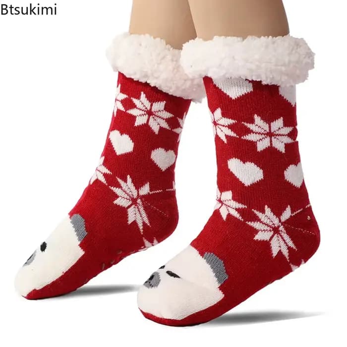Nouvelles chaussettes pantoufles thermiques douces et chaudes en peluche antidérapantes à rayures pour femmes, collection Noël 2026