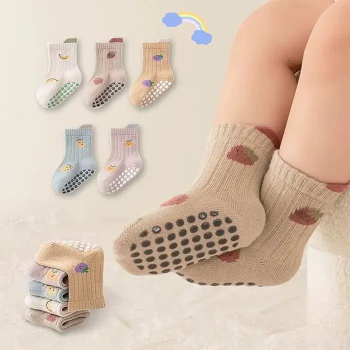 5 paires de chaussettes de marche antidérapantes pour bébé, chaussettes de sol à semelle souple pour tout-petits, chaussettes respirantes à motif de fruits de dessin animé pour premiers pas des nourri