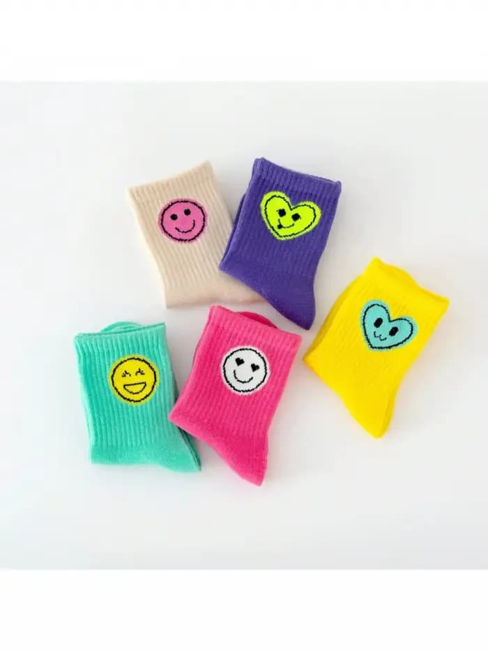 5 paires de nouvelles chaussettes pour enfants quatre saisons avec expressions de visages souriants pour garçons et filles, chaussettes mi-mollet et hautes.