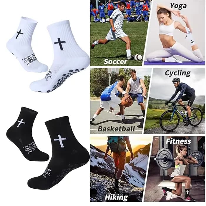 4 paires de chaussettes chrétiennes, chaussettes de prière, chaussettes Jésus, chaussettes de football à motif croix - Chaussettes de sport antidérapantes avec inscription biblique