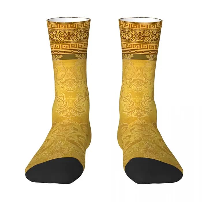Chaussettes dorées baroques à fleurs ornées de touches grecques pour hommes et femmes