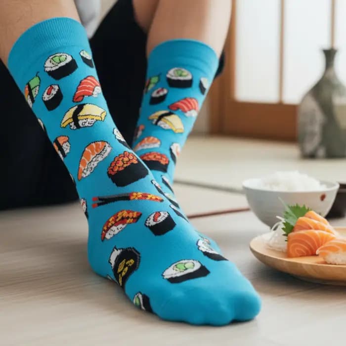 1 paire de chaussettes d'équipage avec impression de nourriture de Sushi de Cuisine japonaise en bleu