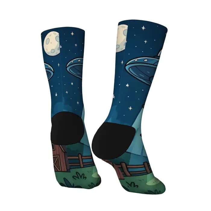 Harajuku Retro UFO Kidnapped Cow Pattern Men's Socks Comfortable Breathable Non-slip Casual Socks Novelty Street Crew Socks Gift