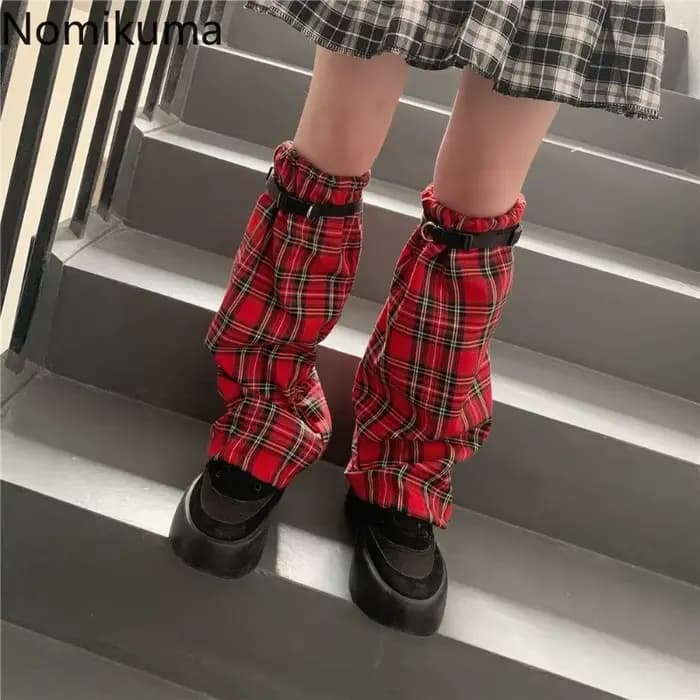 Jambières à carreaux rouges pour femmes, Style Y2K, Patch pour dames, Streetwear, mode, manches de pied, Harajuku, sangle en PU, chaussettes d'été coréennes 2025