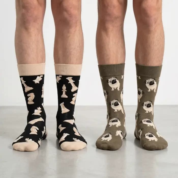 2 paires de chaussettes avec motifs chien et échecs