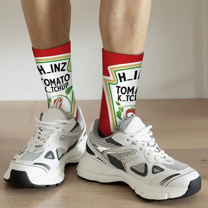 Chaussettes mi-mollet à motif tomate, étiquette de ketchup drôle imprimée, chaussettes unisexes, processus d'impression, meilleur choix pour la maison, cadeaux de sports de plein air